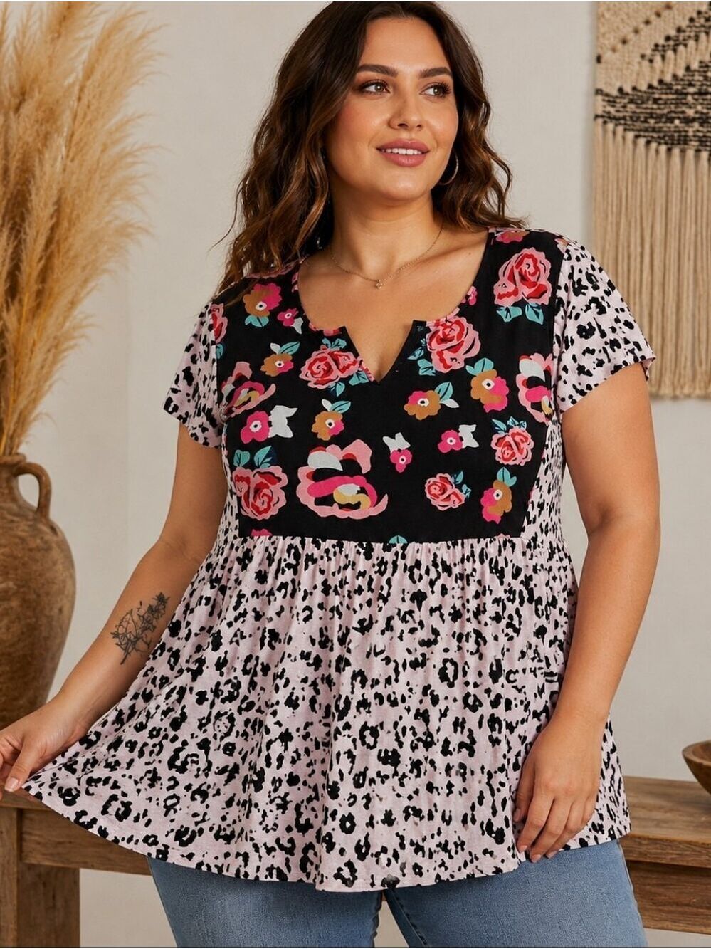 Plus Size 3XL Mixed Print Babydoll Top Pink Leopard Floral Cottagecore Boho